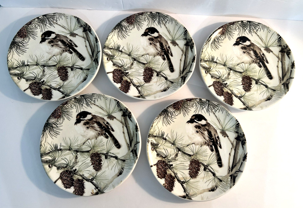 Pottery Barn Snow Bird 8" Salad Dessert Lunch Plates Set of 5 Chickadee Pinecone